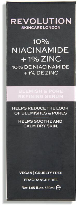 A skincare product package featuring a black and pink label. It highlights ingredients and benefits for skin, including reducing blemishes.