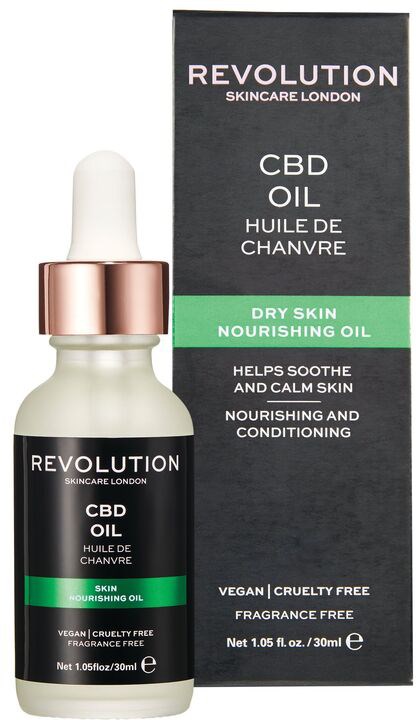 CBD-olja i en vit flaska med pipett och en svart och grön förpackning. Hjälper torr hud och lugnar huden.