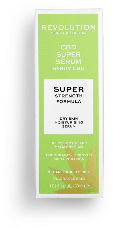 En grön och vit förpackning för CBD-serum, som lyfter fram dess styrkor, fördelar och cruelty-free-status.