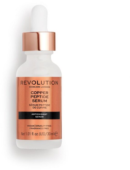 En hudvårdsflaska med en vit pipett, märkt Copper Peptide Serum, i koppar- och svart färg.