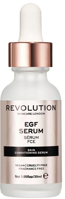 En liten vit flaska med droppkork, märkt Revolution skincare, EGF serum för huden, cruelty-free, vegansk, doftfri.
