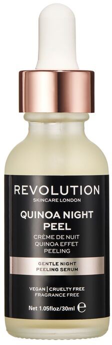 En hudvårdsserumflaska med pipett, märkt 'Quinoa Night Peel,' avsedd för försiktig nattpeeling. 