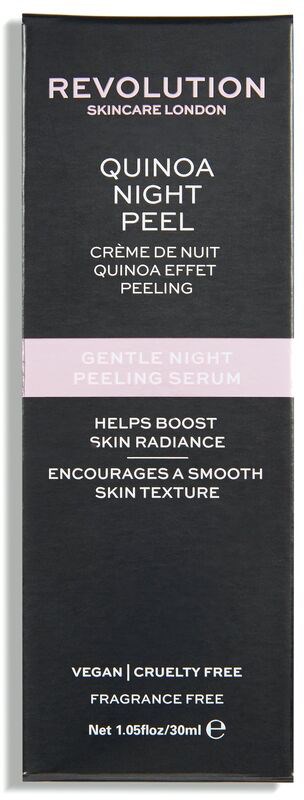 En hudvårdsprodukt kallad Quinoa Night Peel av Revolution Skincare London, veganskt och cruelty-free, för att jämna ut huden.