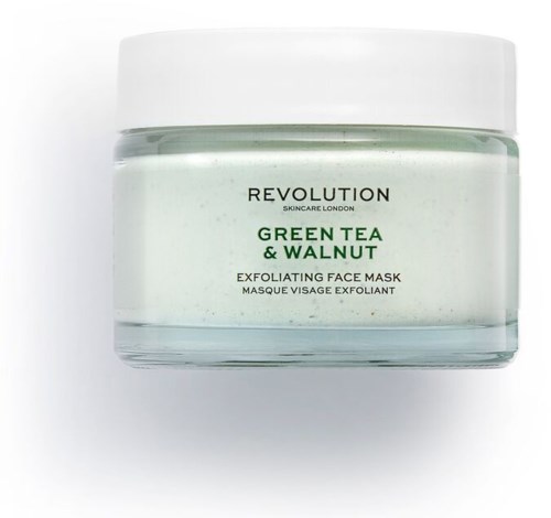 Ett kryddburk med ansiktsmask märkta 'Revolution', med grönt te och valnötter, och ett vitt lock.