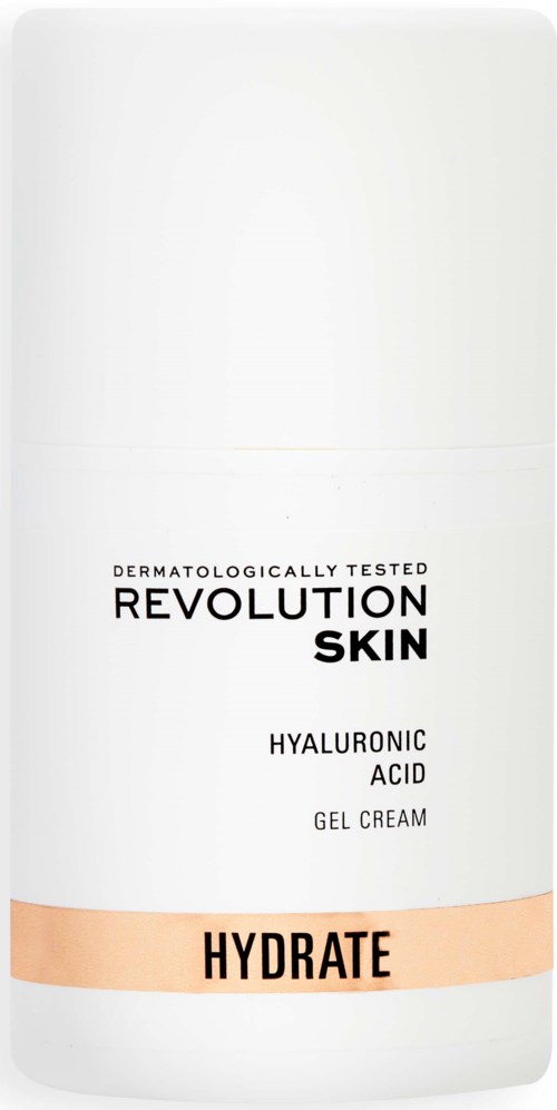 Weiße Flasche mit schwarzem und pfirsichfarbenem Text, gekennzeichnet als Hautgel Creme für Hydratation und Hyaluronsäure.