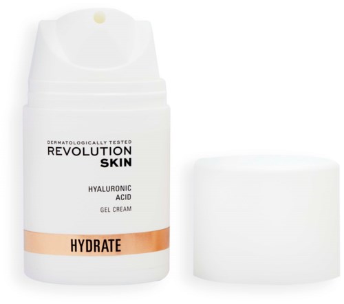Eine weiße Flasche mit Hautgel-Creme mit der Aufschrift 'HYDRATE' und einem separaten weißen Deckel.
