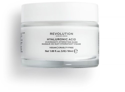 A white jar of Revolution skincare Hyaluronic Acid overnight face mask, vegan and cruelty free.