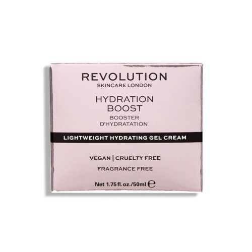 Rosa förpackning med svart och vitt text för en lätt fuktgivande gelkräm. Den är vegansk och cruelty-free.
