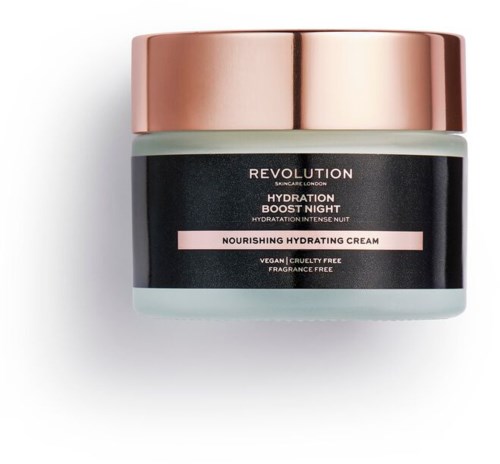 Pot hydraterende crème met zwarte en roze label, van Revolution, voor voedende en hydraterende huid.