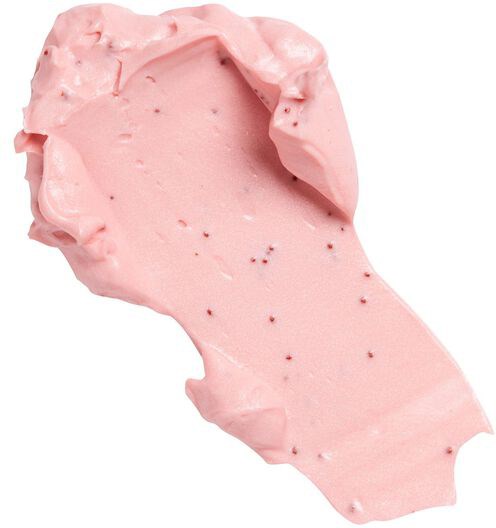 En klick rosa jordgubbsglass med små prickar på ytan.