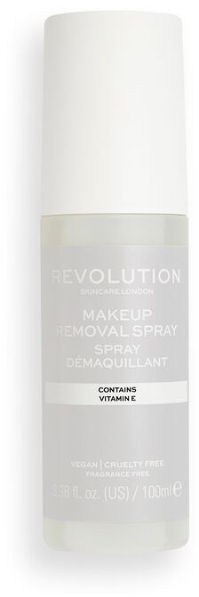 En vit flaska märkt 'Revolution Makeup Removal Spray' med vitamin E.