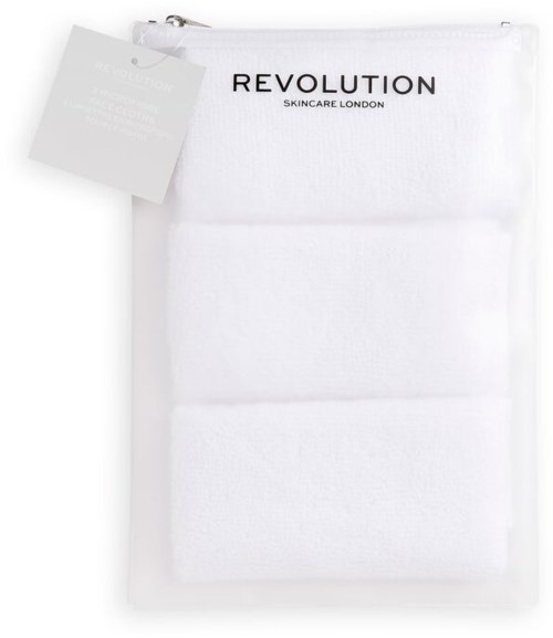 En vit väska med dragkedja med texten "REVOLUTION SKINCARE LONDON". Den har en liten tagg fäst.