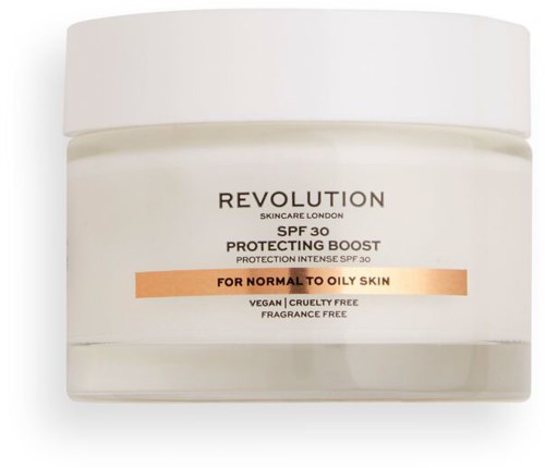 A white jar of Revolution skincare cream with SPF 30 for normal to oily skin, cruelty-free and fragrance-free.
