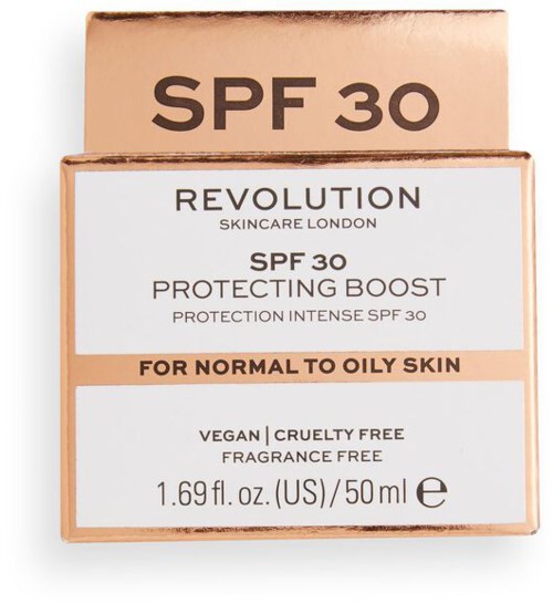 Box of sunscreen for normal to oily skin with SPF 30, cruelty-free, fragrance-free, and 50 ml size.