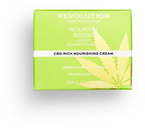 Grön förpackning visar hudvård med CBD, vegansk, parfymfri och bladdesign. Text anger krämens typ och storlek.