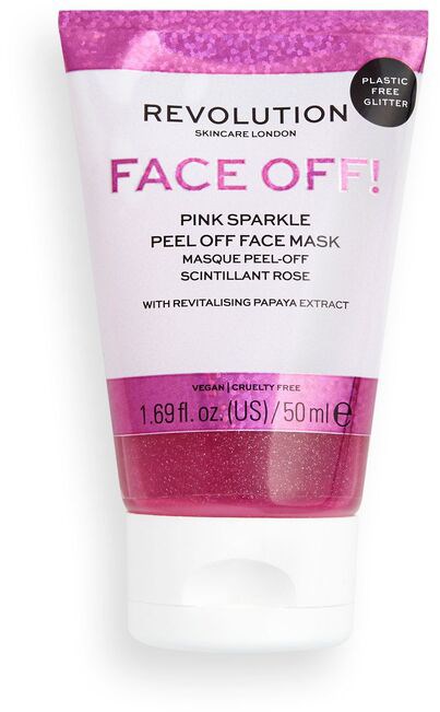 Rosa ansiktsmask i tub, märkt 'Face Off!' med glitter och vegan cruelty-free text.