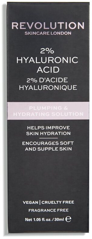 En lång, svart hudvårdsbox med vit och rosa text om hyaluronsyra, hydrering, cruelty-free, vegan, doftfri.