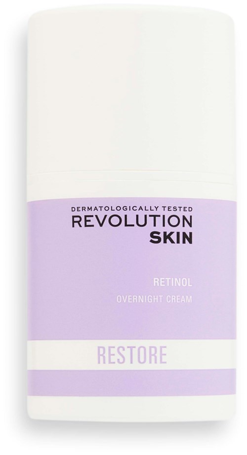 A white bottle with purple label for Revolution Skin Retinol Overnight Cream, labeled 'Restore.'