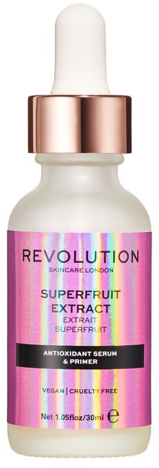 En hudvårdsserum med pipett, märkt som antioxidant, superfruktsextrakt, vegansk och cruelty-free.