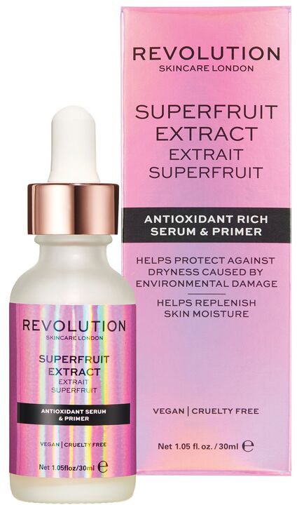 En rosa box och en flaska med pipett. Etiketten säger 'Revolution Superfruit Extract' och 'Antioxidant Rich Serum and Primer'.