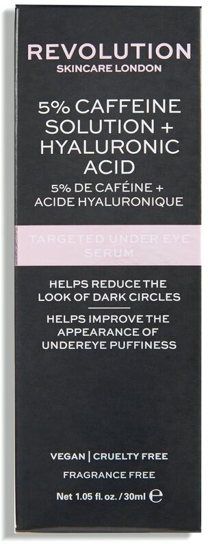 Pakkeforlating for en hudpleieserum med koffein og hyaluronsyre, som fremhever fordeler og cruelty-free, parfymefritt.