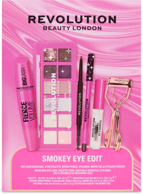 Revolution Beauty London sminkset med mascara, brynpennor, ögonskuggspalett, eyeliner, fransböjare och bryngel på rosa bakgrund.