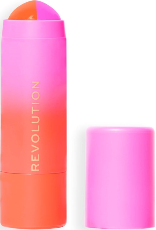 A pink and orange makeup stick with a removable pink cap. The word 'REVOLUTION' is written on it.