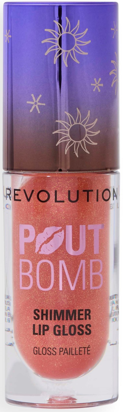 Pink läppglansflaska med glänsande silverlock, dekorerad med sol- och stjärnbilder, märkt 'Revolution Pout Bomb.'