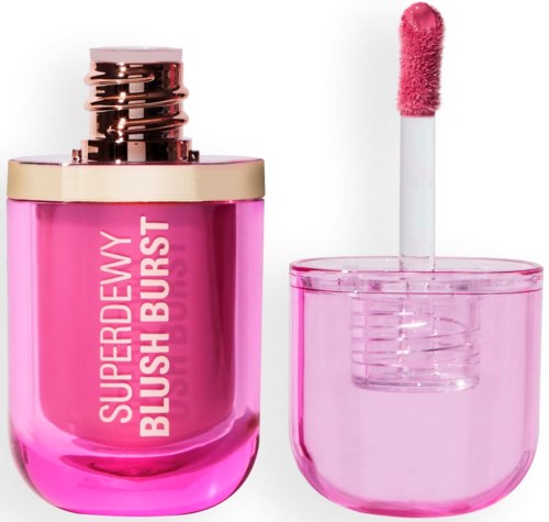 Pink lip gloss with a puff applicator and a shiny container. The label says "Superdewy Blush Burst".