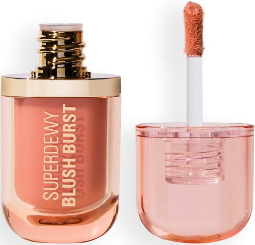 A lip gloss container with a sponge applicator, both in pink and gold colors.