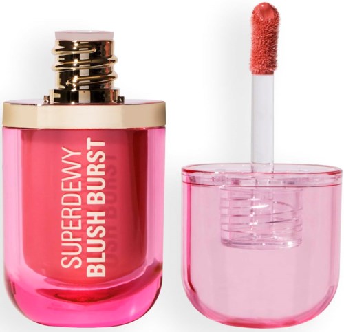 Pink lipstick bottle with a separate applicator and sponge, labeled 'Superdewy Blush Burst'.