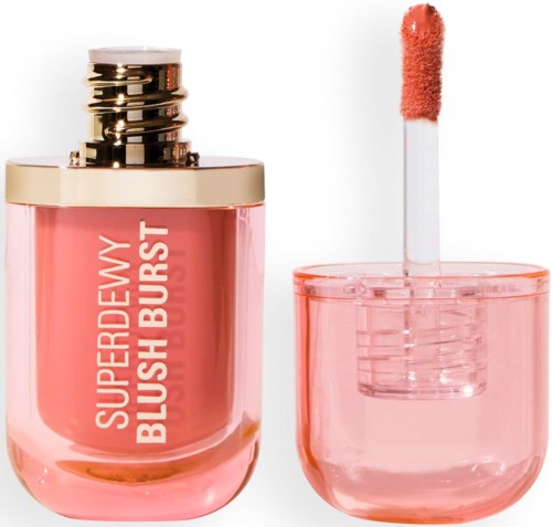 A pink lip gloss container with a sponge applicator and a shiny gold cap.