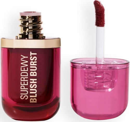 Lip gloss with an applicator wand, in a pink container, with shiny gold cap and finished look.