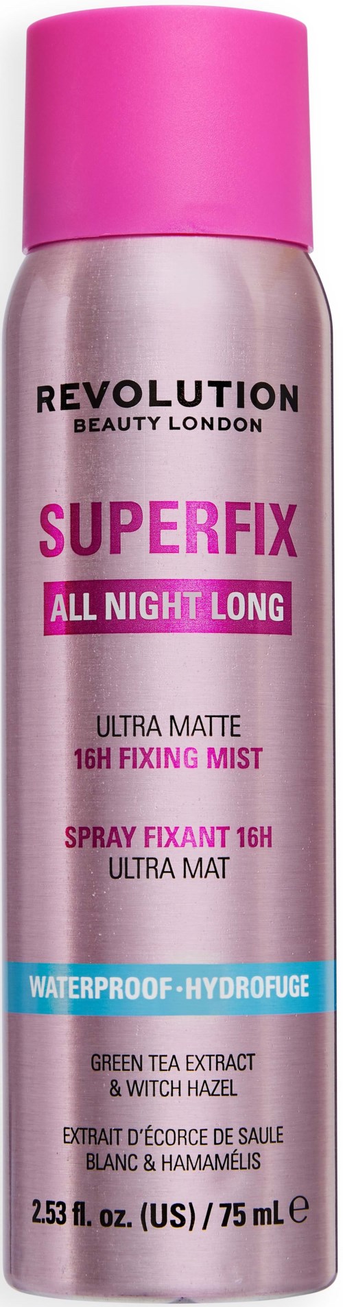 Pinkfarbende Spraydose mit schwarzen und pinkfarbenen Text, beschriftet Revolution Superfix all night long wasserfester Fixierspray.