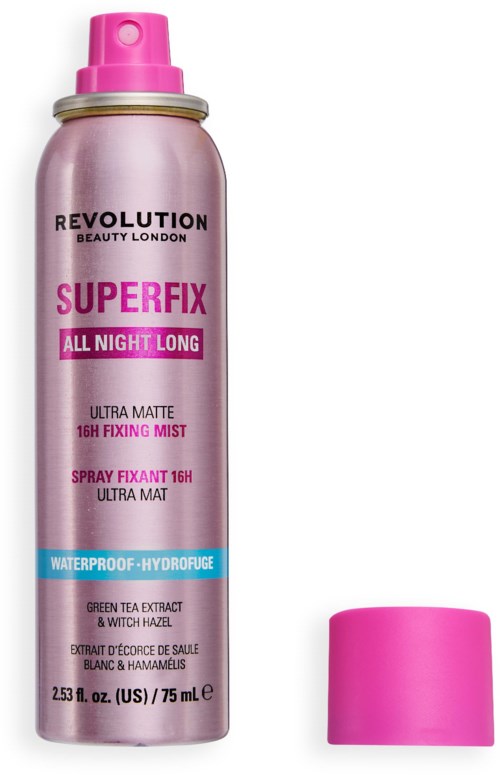 Pinkfarbenes Spraydose von Revolution SuperFix All Night Long mit abgenommenem Deckel, enthält grünen Tee-Extrakt und Hamamelis.