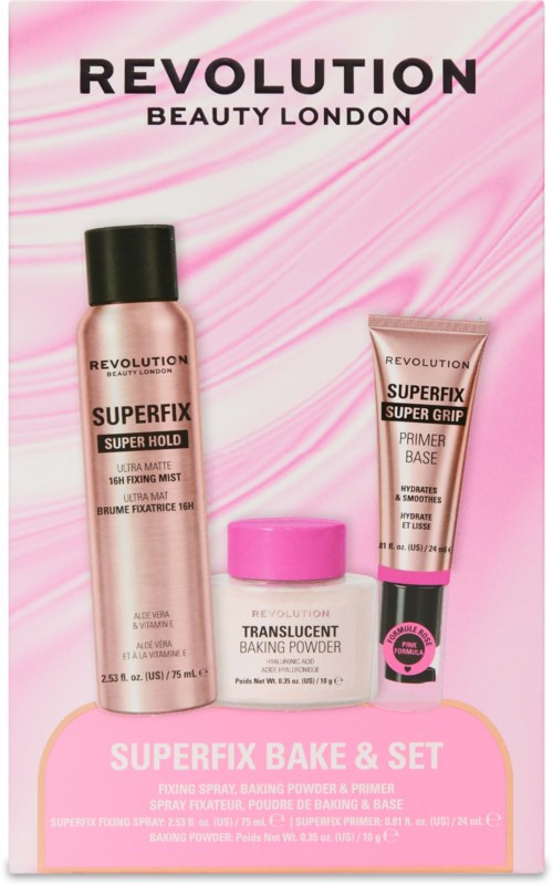 Revolution Beauty London Logo mit drei Make-up-Produkten: Spray, Puder und Tube auf rosa Hintergrund.