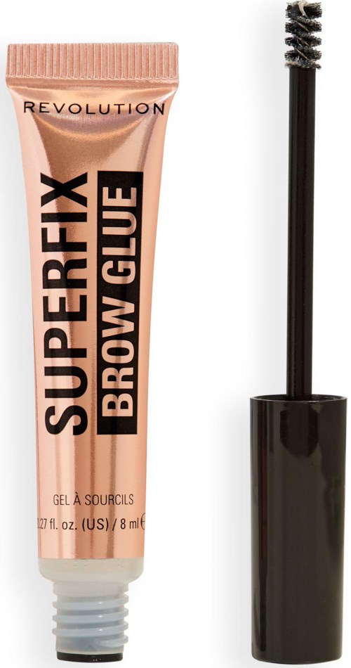 A tube of eyebrow gel and a black mascara wand are shown side by side.