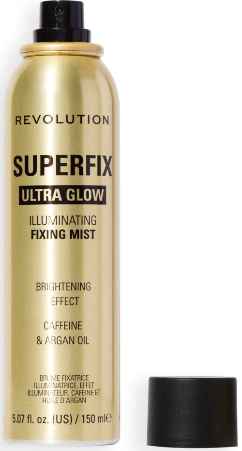 En gyllene sprayflaska av Revolution Superfix Ultra Glow med svart lock. Innehåller ljusningseffekt, koffein och arganolja.