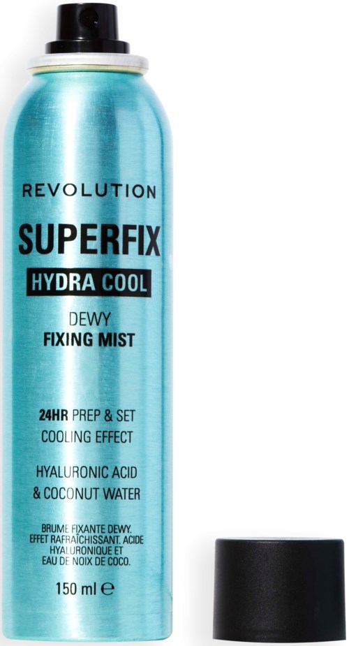 A tall, blue spray can of Revolution Superfix Hydra Cool Dewy Fixing Mist with a black cap.