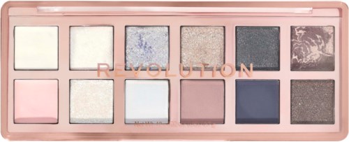An eyeshadow palette with ten different colors, including pink, white, purple, gray, blue, and brown shades.