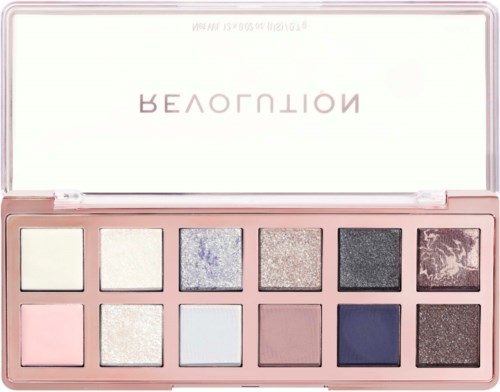 A blush palette with ten different eyeshadow colors in a pink case with a clear lid.