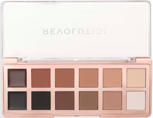 En palett med nio nyanser av brunt, svart och beige i ett rosa fall med spegel.