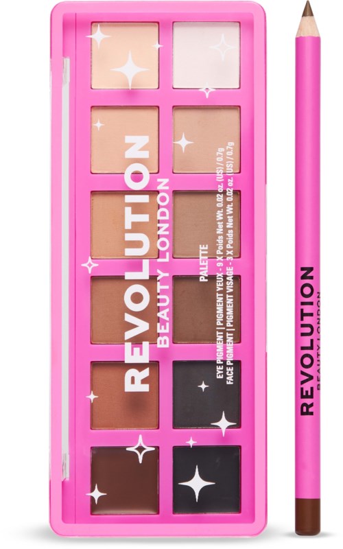 Rosa Lidschattenpalette mit sechs Farben und einem pinken Make-up-Pinsel, Marke Revolution Beauty London.