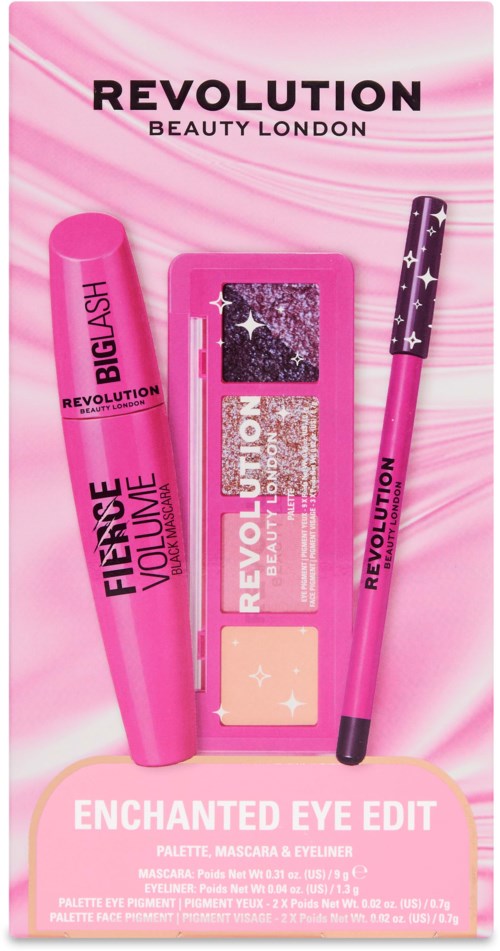 Paleta Revolution Beauty London Enchanted Eye Edit z różową maskarą i eyelinerem na różowym tle.