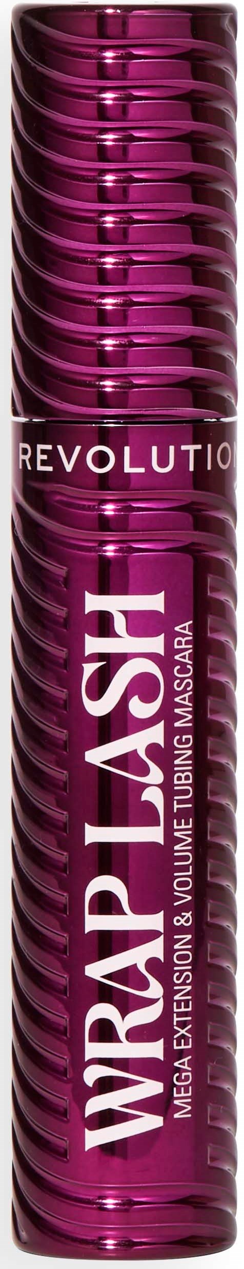 En mascara-emballasje med lilla og sølvstriper, merket "Revolution Waterproof" og "Mega Extension and Volume Mascara."