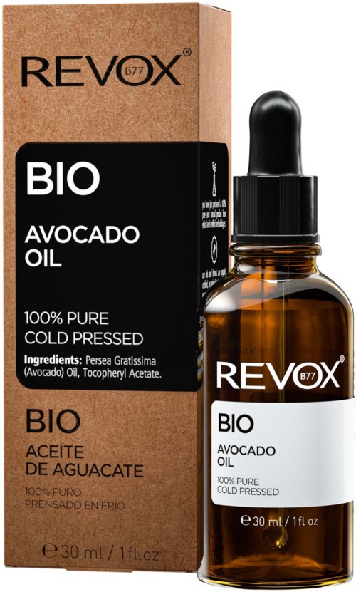 A small brown bottle with a dropper cap next to a brown cardboard box. Both label say "RevoX Bio Avocado Oil."