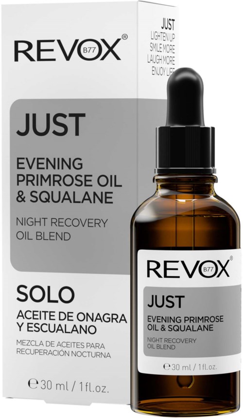 The image shows a brown glass bottle with a dropper and a box, both labeled with the product name 'Revox Just' and description.