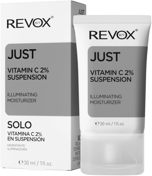 Pudełko i tubka Revox Vitamin C 2% Suspension, rozświetlający krem nawilżający, z etykietami tekstowymi.