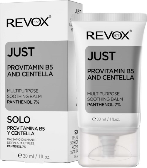 En boks og tube av Revox Just balsam med svart, grå og hvit emballasje, merket som beroligende og lindrende med B5 og Centella.