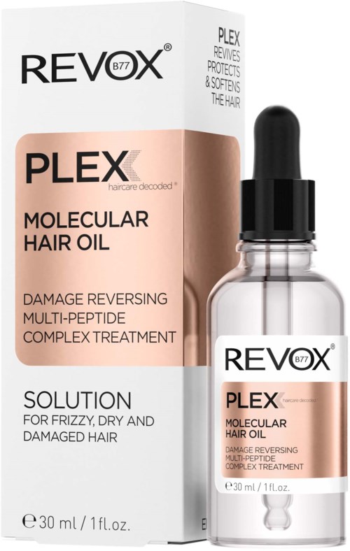 A box and bottle of Revex Plex molecular hair oil for damaged, frizzy, and dry hair.